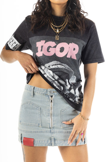 Mini Upside Down Distressed Denim Skirt